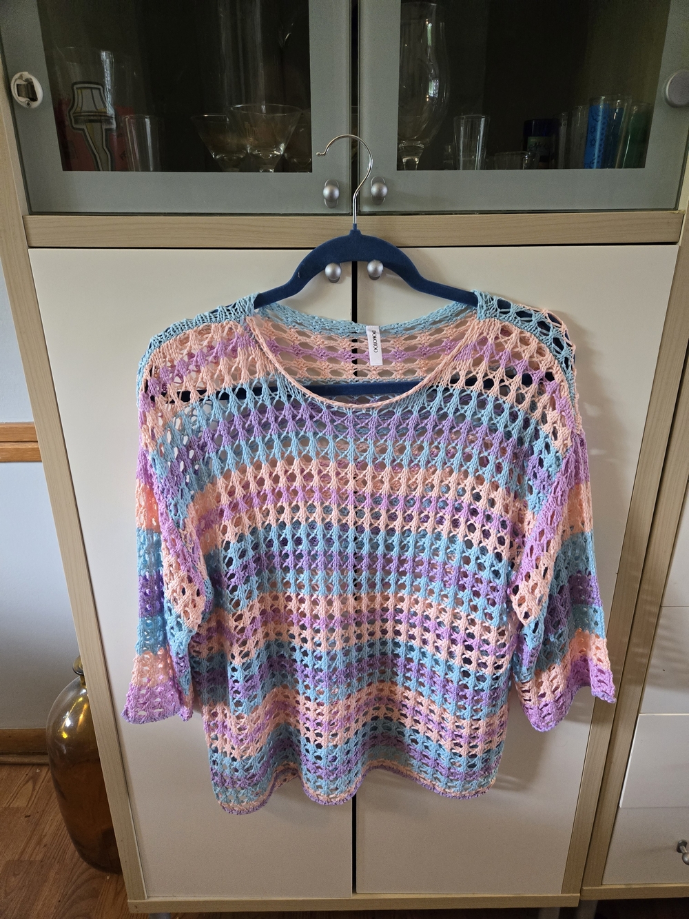 Lightweight Pastel Over-sized Crochet Scoop Neck Sweater - Multicolor